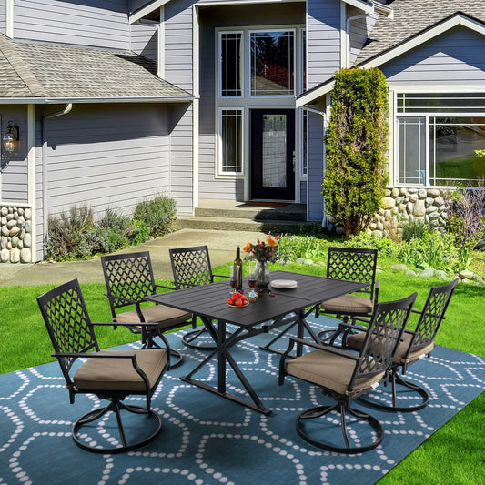 Revamp Your Outdoor Entertaining: 7 Piece Metal Patio Set with Cushioned Swivel Chairs and 63" Rectangular Table