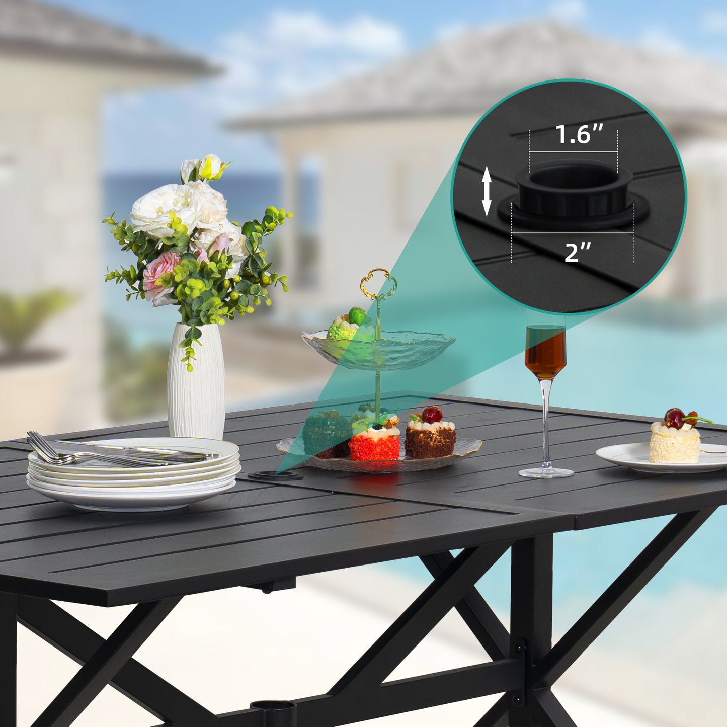 7-piece Patio Dining Set, 6 Outdoor Chairs & 63“ Rect Tables (1.6"-2" Umbrella Hole)