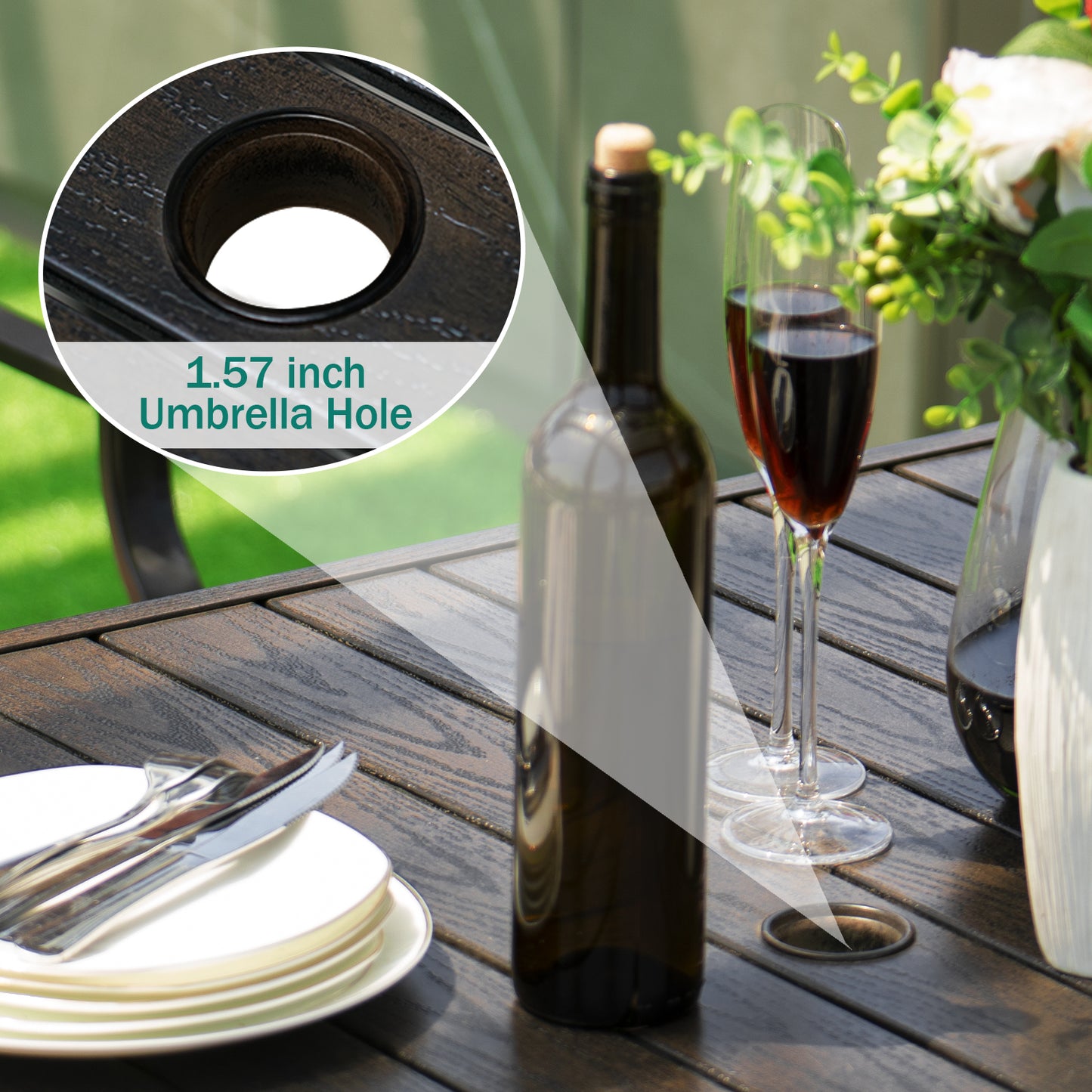 5-Piece Patio Dining Set, 4 Outdoor Chairs & Metal Wood-like Grain Table (1.57" Umbrella Hole)