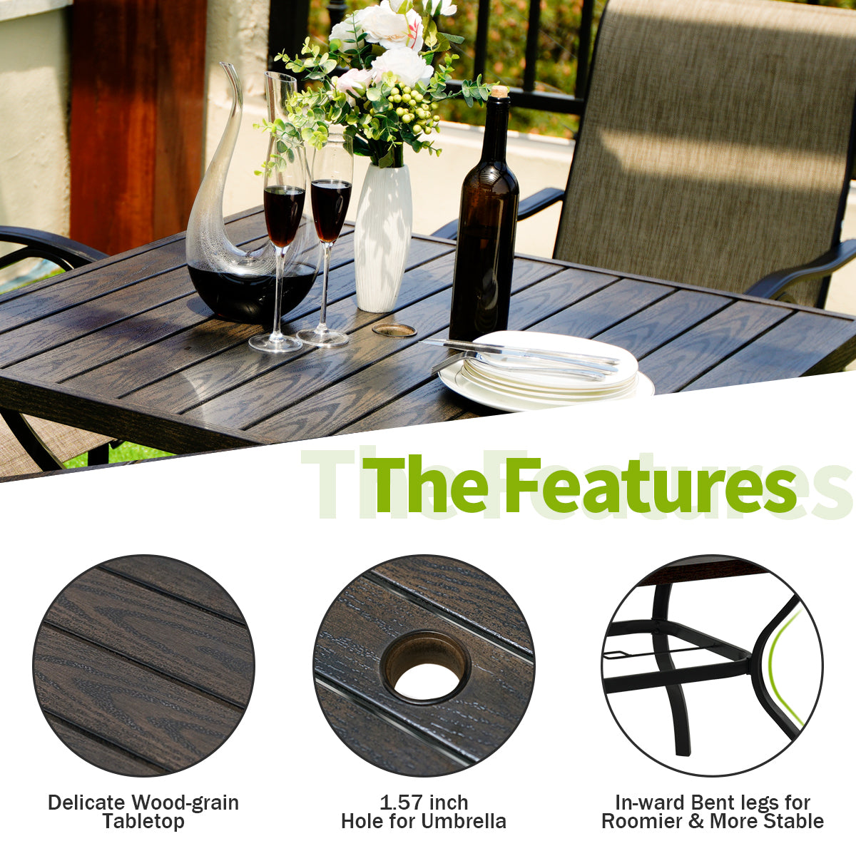 5-Piece Swivel Patio Dining Set, 4 High Back Chairs and Square Wood-Like Grain Table (1.57" Umbrella Hole)