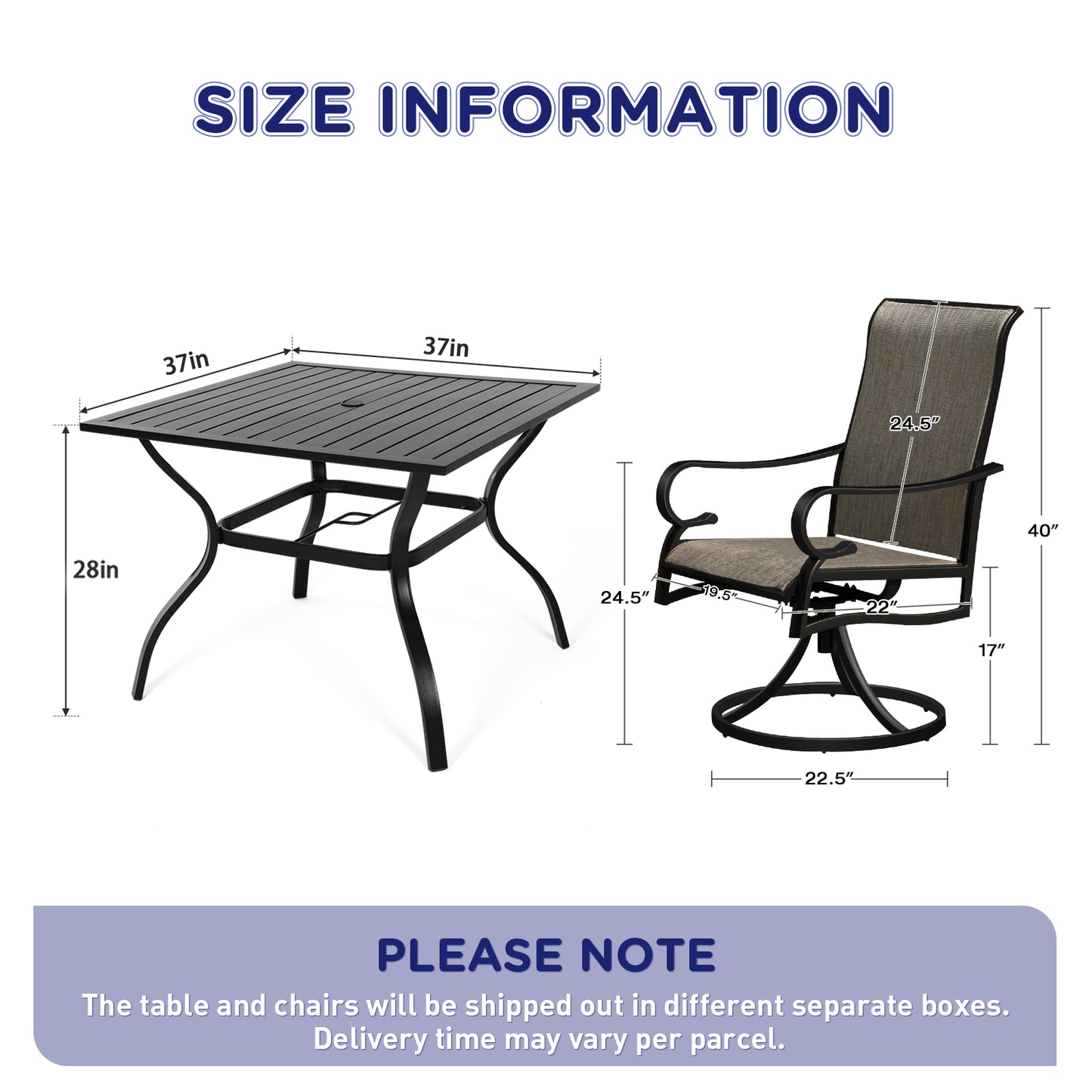 5-Piece Patio Dining Set with 4 Swivel Chairs & Square Table (1.57" Umbrella Hole)