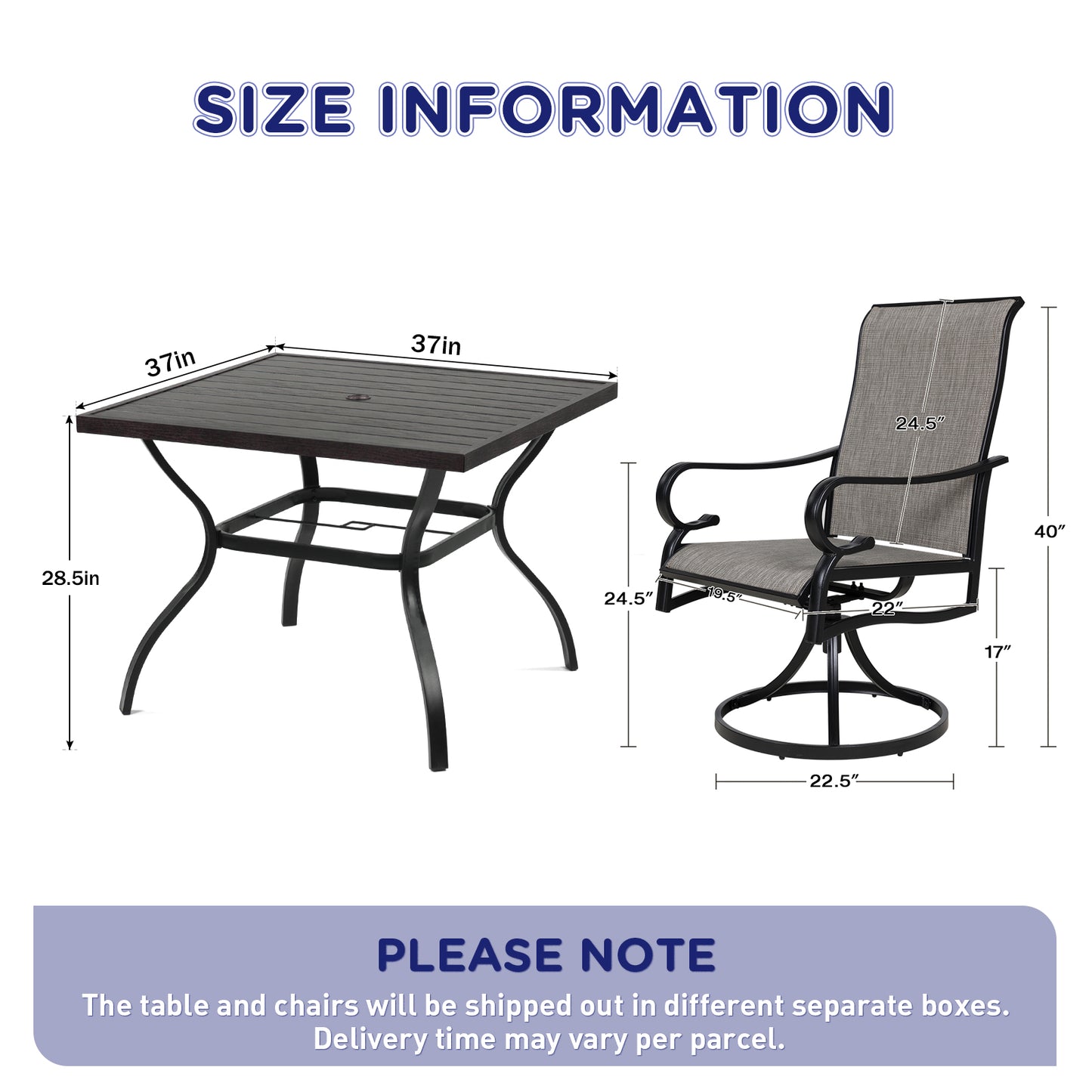 5-Piece Swivel Patio Dining Set, 4 High Back Chairs and Square Wood-Like Grain Table (1.57" Umbrella Hole)
