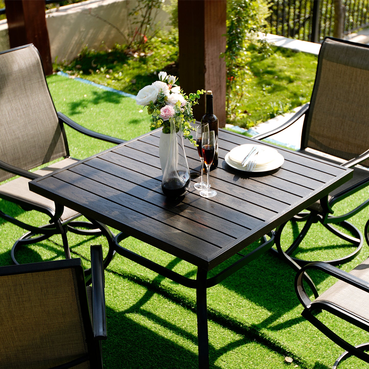 5-Piece Swivel Patio Dining Set, 4 High Back Chairs and Square Wood-Like Grain Table (1.57" Umbrella Hole)