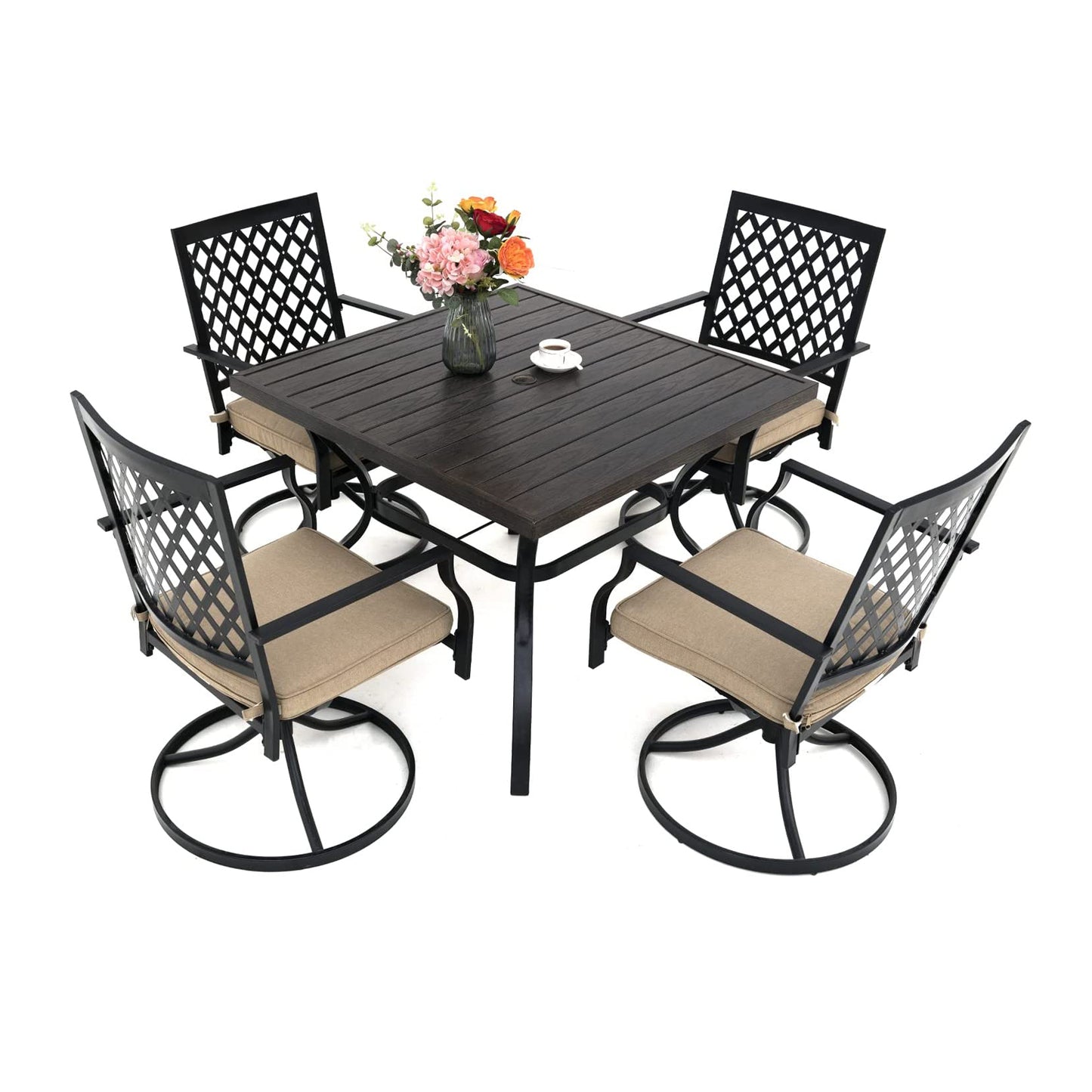 5-Piece Patio Dining Set, 4 Swivel Chairs with Cushions & Wood-like Grain Table (1.57" Umbrella Hole)