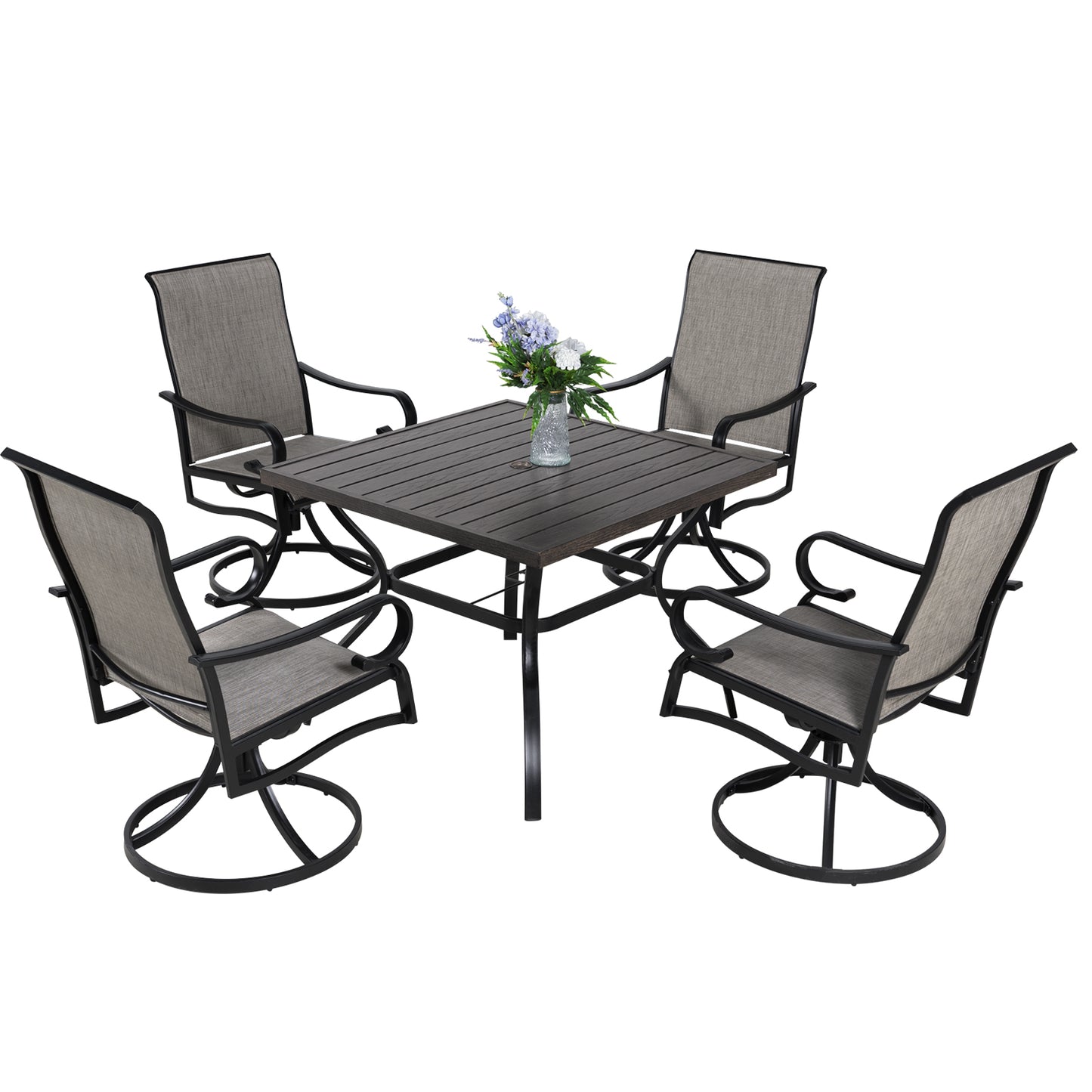 5-Piece Swivel Patio Dining Set, 4 High Back Chairs and Square Wood-Like Grain Table (1.57" Umbrella Hole)