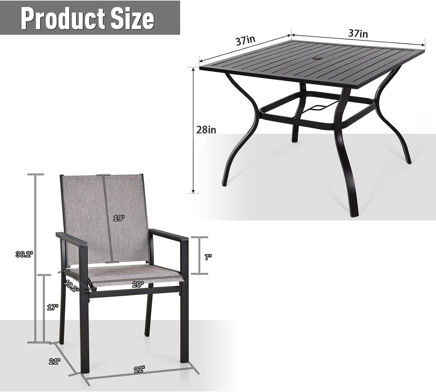 5-Piece Patio Dining Set, 4 Outdoor Textilene Chairs & Square Metal Table with 1.57" Umbrella Hole