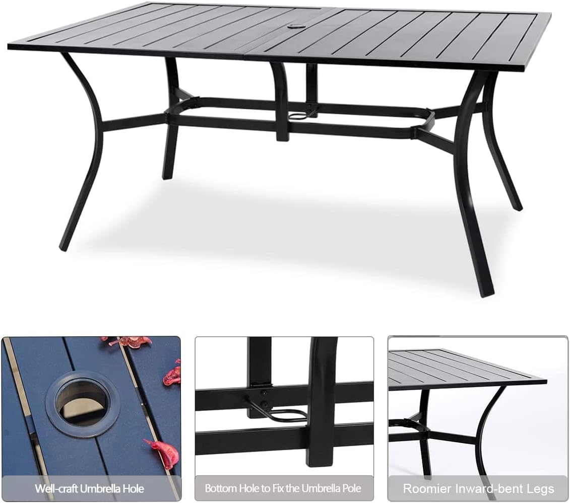 6-Piece Outdoor Dining Bench Set, 4 Patio Chairs & 61.2" Metal Bench & 63" Rect Table with (1.57" Umbrella Hole)