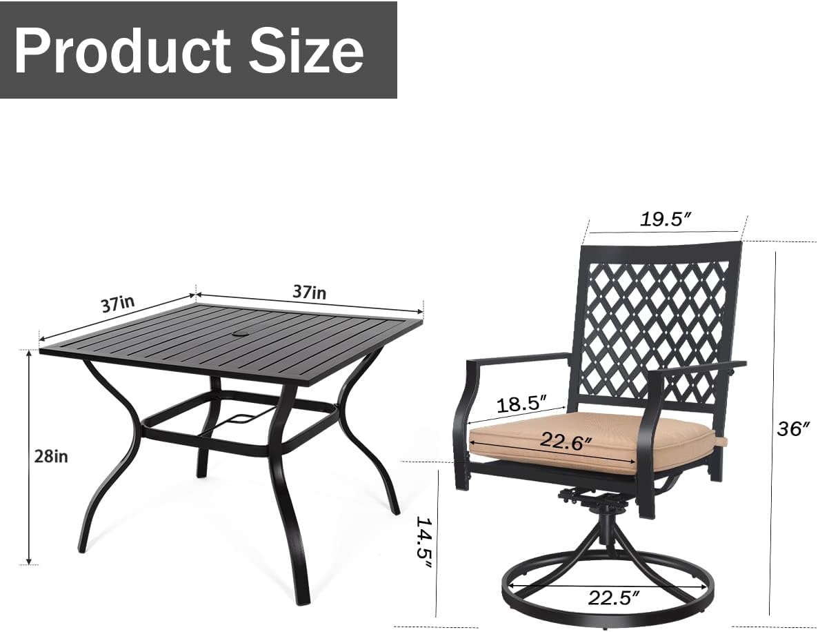 5-Piece Patio Dining Set, 4 Swivel Chairs with Cushions & Square Table (1.57" Umbrella Hole)
