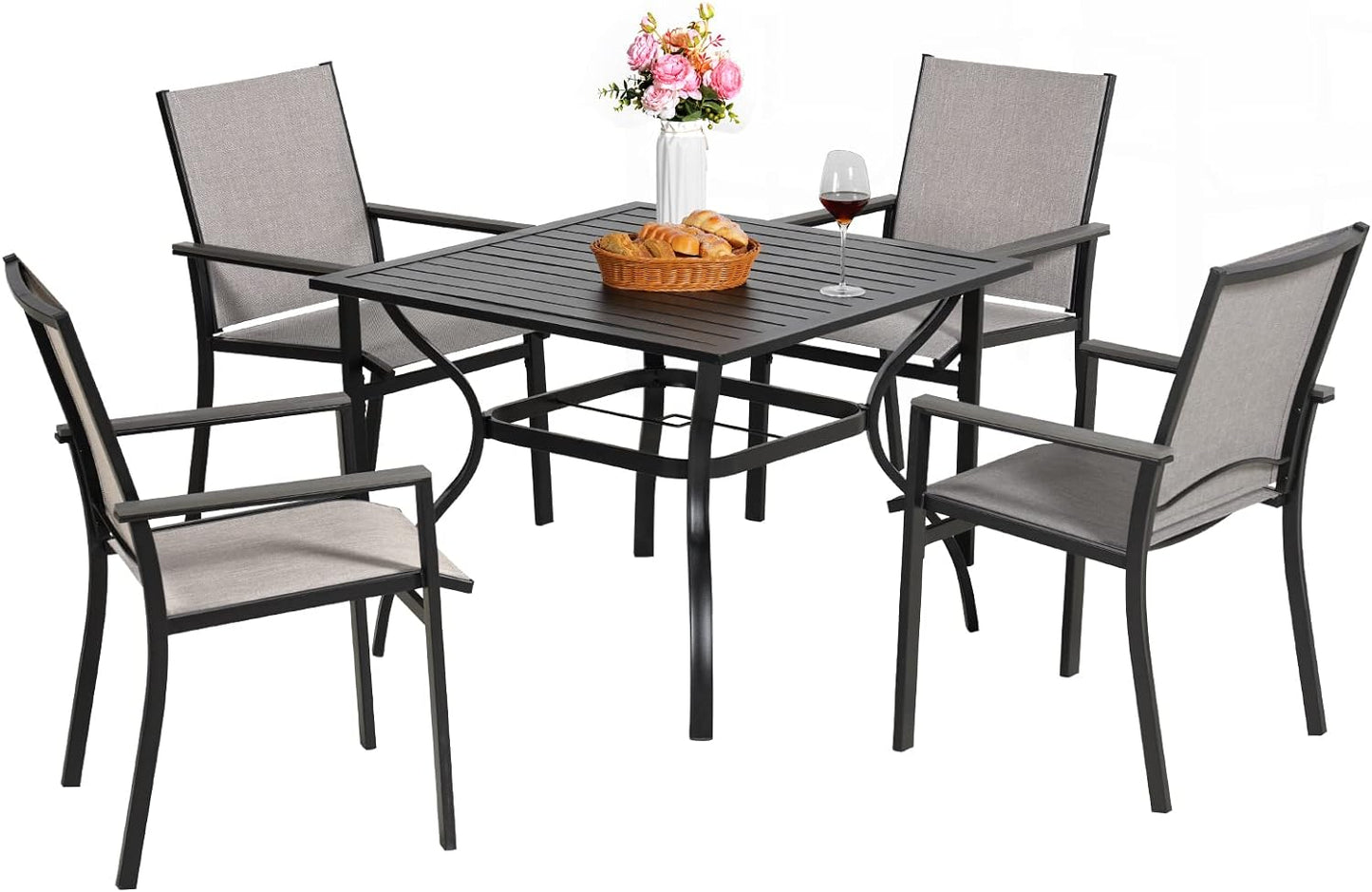 5-Piece Patio Dining Set, 4 Outdoor Textilene Chairs & Square Metal Table with 1.57" Umbrella Hole