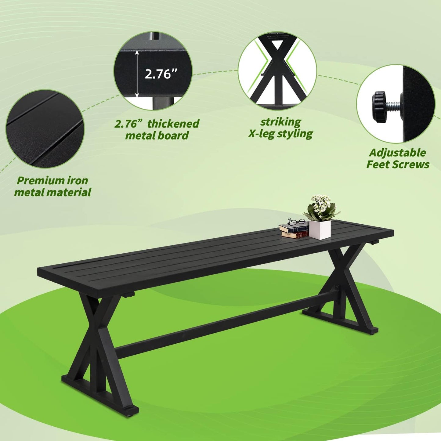 6-Piece Outdoor Dining Bench Set, 4 Patio Chairs & 61.2" Metal Bench & 63" Rect Table with (1.57" Umbrella Hole)