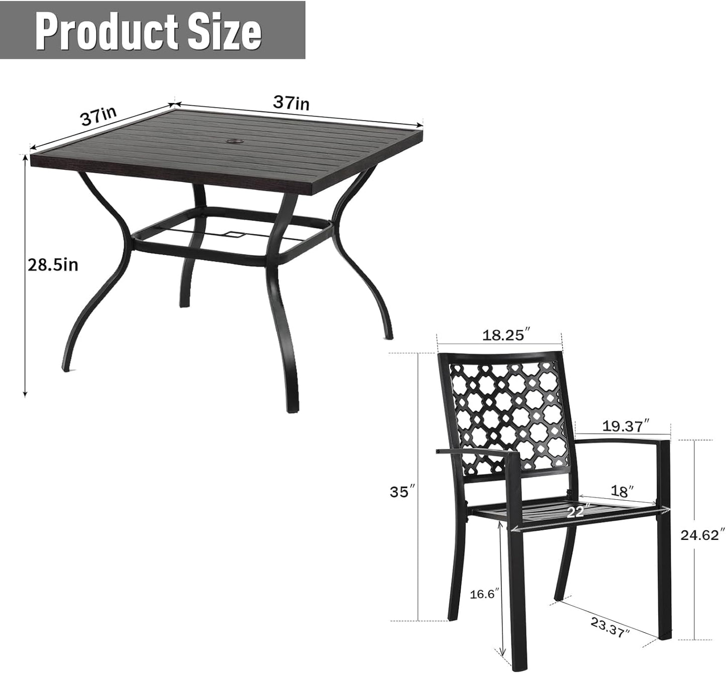 5-Piece Patio Dining Set, 4 Outdoor Stackable Chairs & Wood-Like Grain Metal Table with 1.57" Umbrella Hole