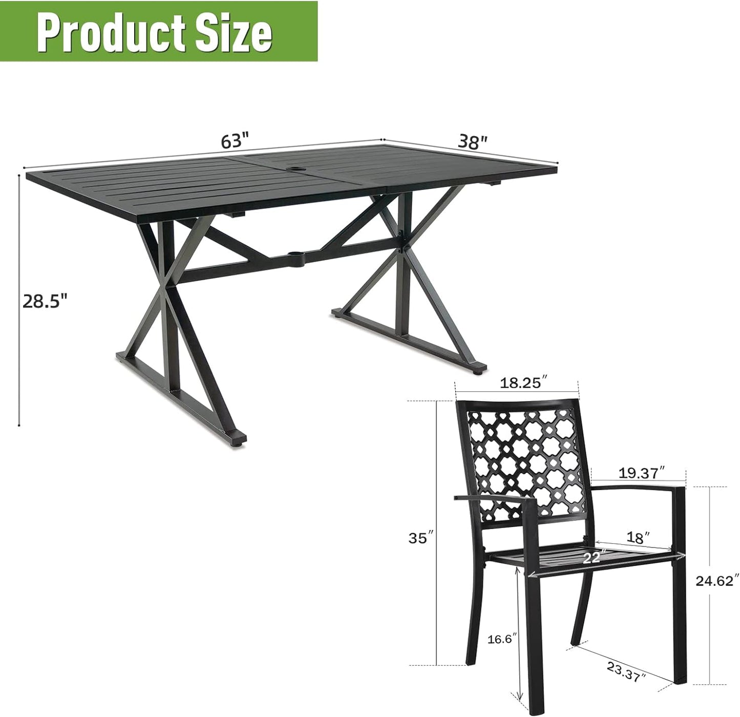 7-Piece Patio Dining Set, 6  Stackable Chairs & 63” Rect Table (1.6"-2" Umbrella Hole)