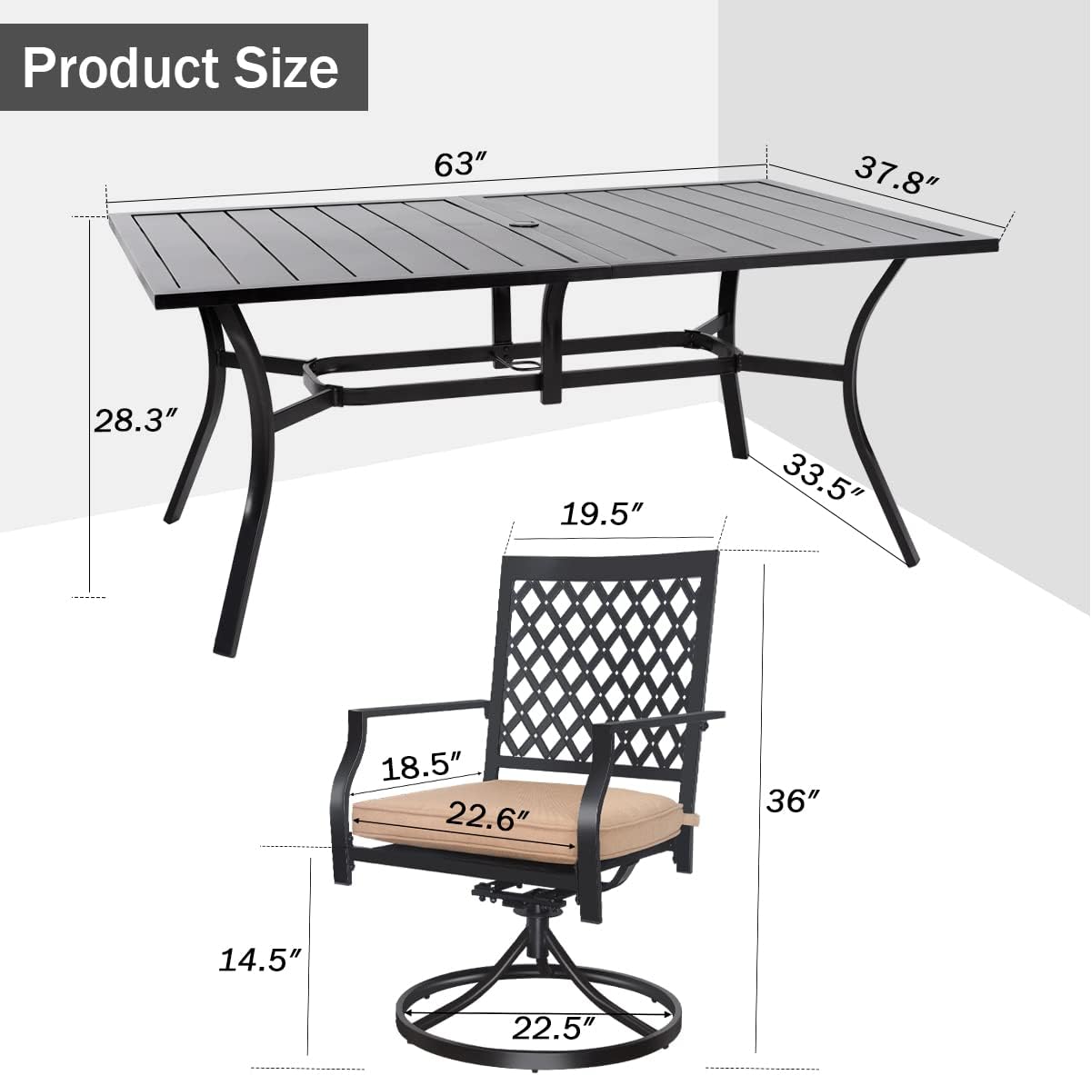 7-Piece Patio Dining Sets with Cushions, 6 Swivel Chairs & 63" Rect Table (1.57" Umbrella Hole)