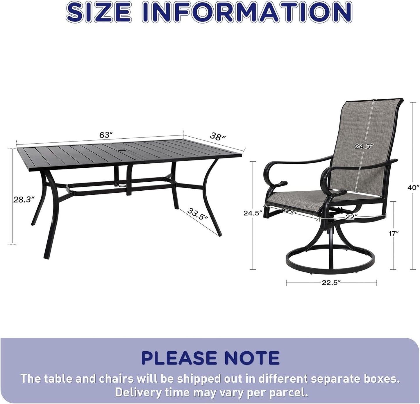 7-Piece Patio Dining Set with 6 Outdoor Swivel Chairs & 63" Rect Table (1.57" Umbrella Hole)