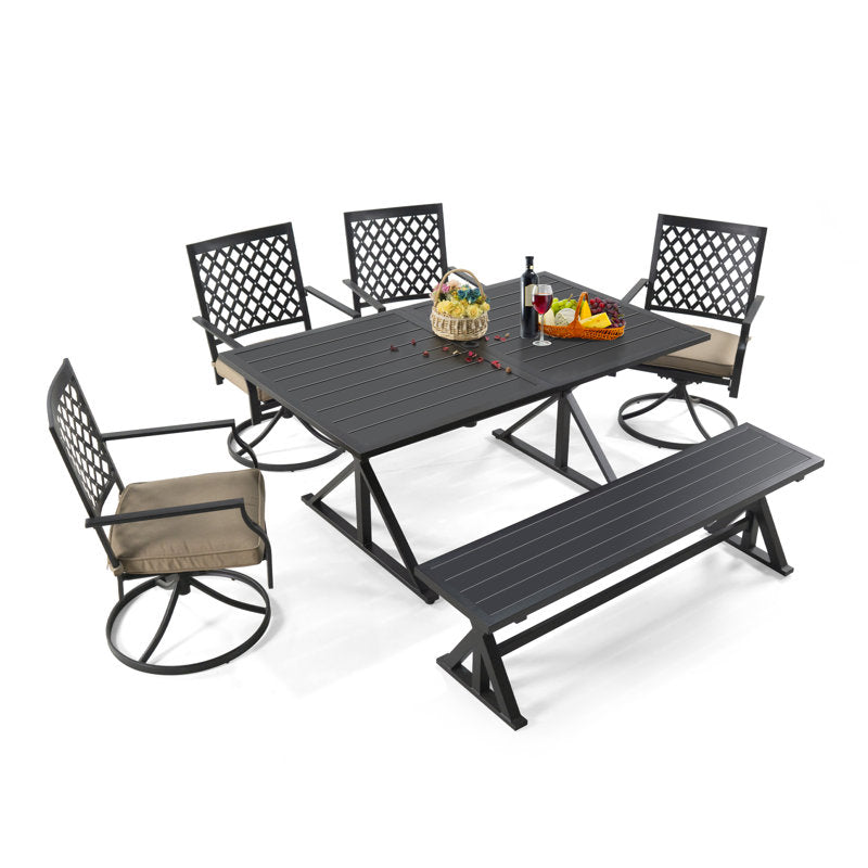 6-Piece Patio Dining Set with Bench, 4 Swivel Chairs with Cushions & 61.2" Park Bench & 63" Rect Table (1.6"-2" Umbrella Hole)