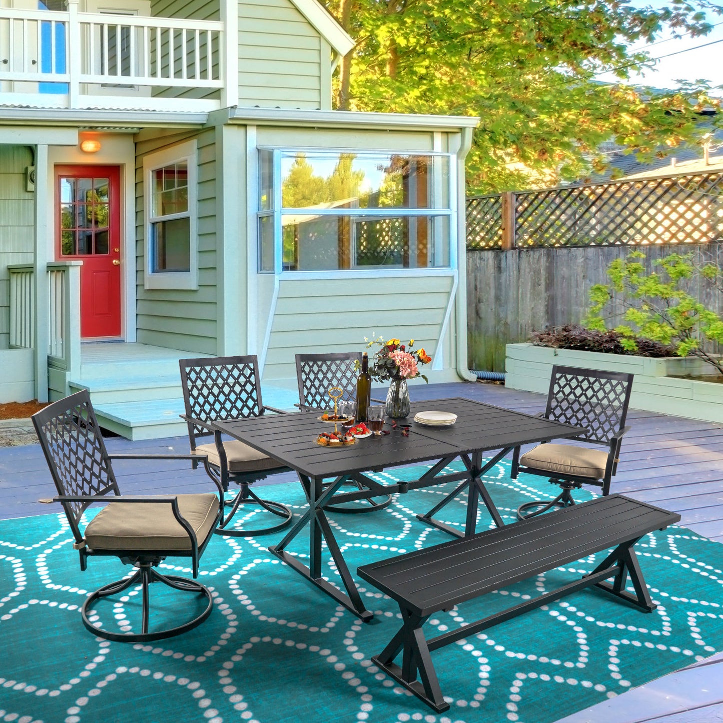 6-Piece Patio Dining Set with Bench, 4 Swivel Chairs with Cushions & 61.2" Park Bench & 63" Rect Table (1.6"-2" Umbrella Hole)