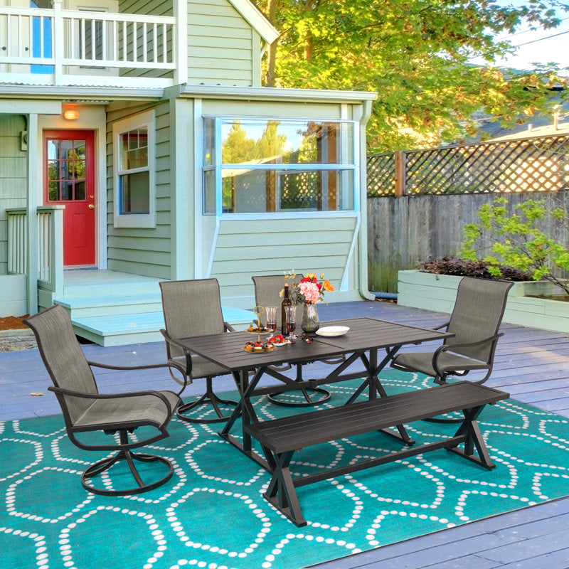 6-Piece Patio Dining Set with Bench, 4 Swivel Chairs & 61.2" Park Bench & 63" Rectangle Table (1.6"-2" Umbrella Hole)