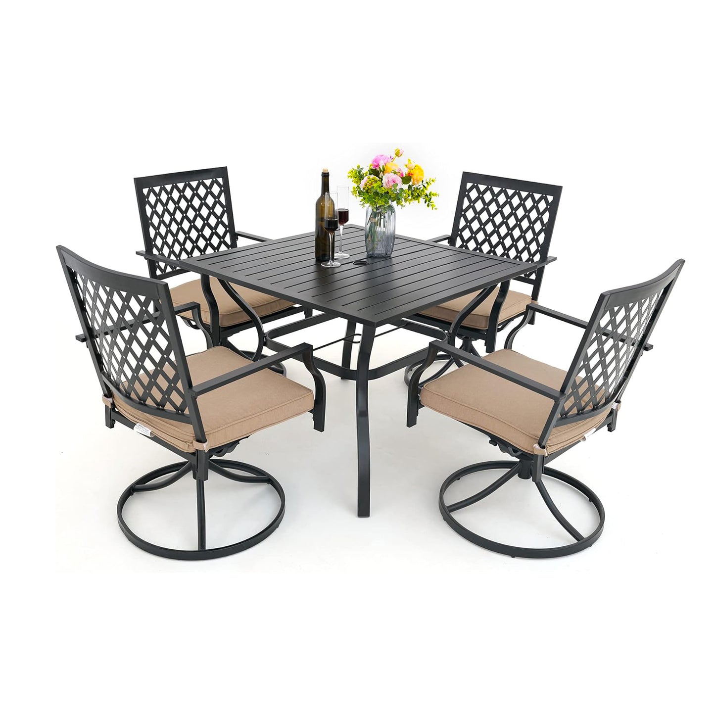 5-Piece Patio Dining Set, 4 Swivel Chairs with Cushions & Square Table (1.57" Umbrella Hole)