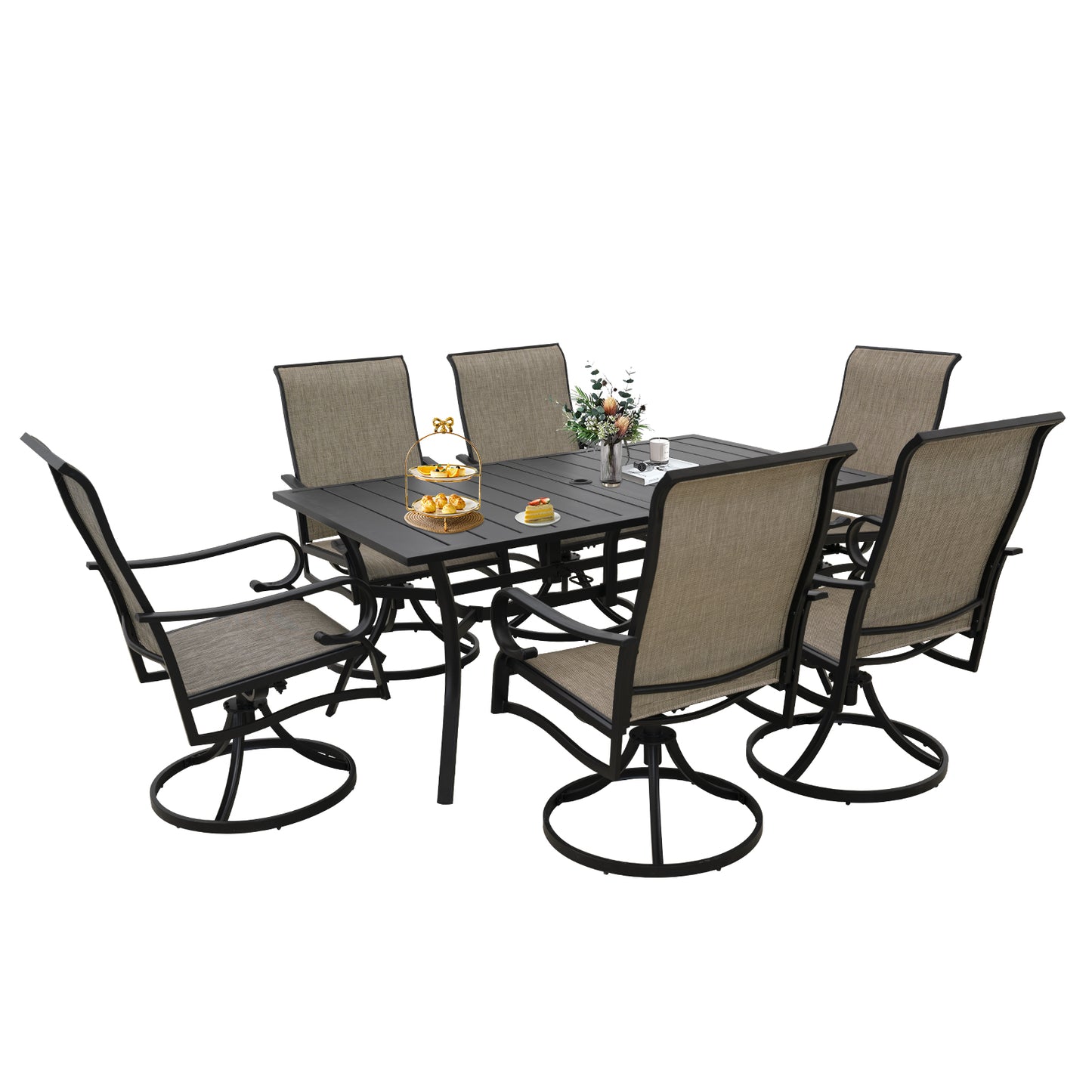 7-Piece Patio Dining Set with 6 Outdoor Swivel Chairs & 63" Rect Table (1.57" Umbrella Hole)