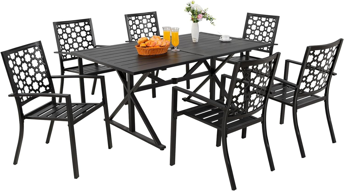 7-Piece Patio Dining Set, 6  Stackable Chairs & 63” Rect Table (1.6"-2" Umbrella Hole)