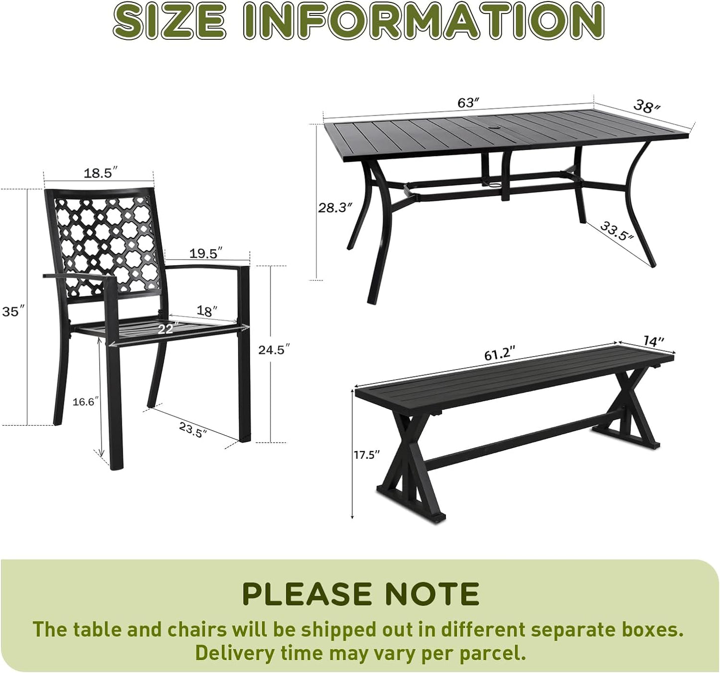 6-Piece Patio Dining Set with Bench, 4pcs Stackable Chairs & 61.2" Outdoor Bench & 63" Rect Table (1.57" Umbrella Hole)