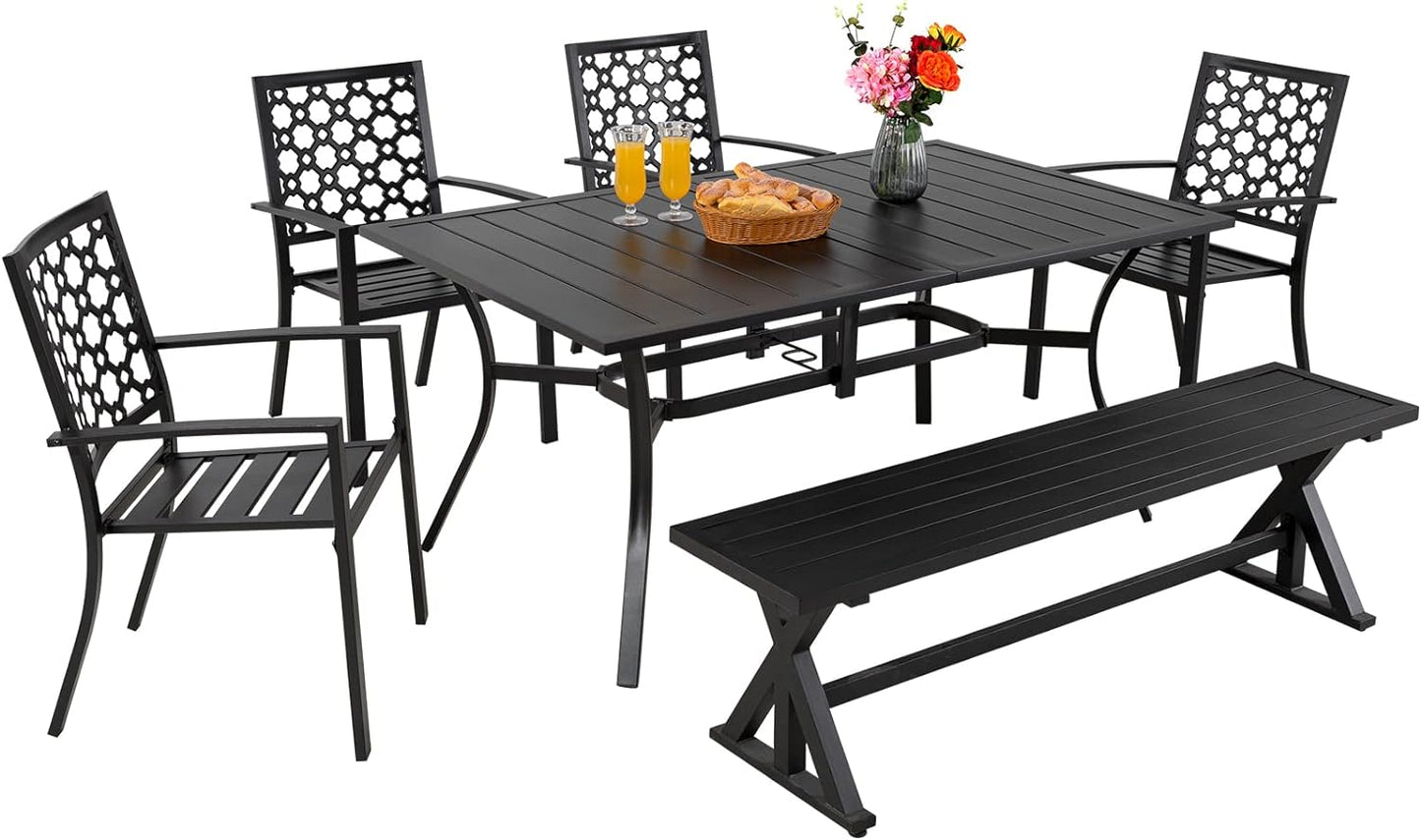 6-Piece Patio Dining Set with Bench, 4pcs Stackable Chairs & 61.2" Outdoor Bench & 63" Rect Table (1.57" Umbrella Hole)