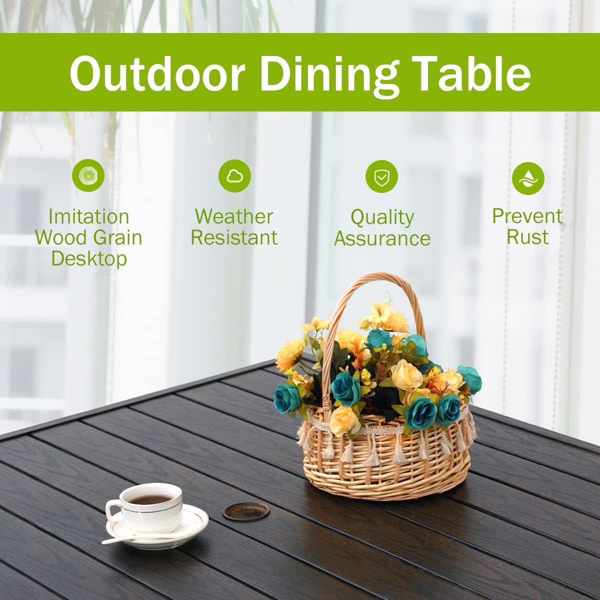 5-Piece Patio Dining Set, 4 Outdoor Chairs & Metal Wood-like Grain Table (1.57" Umbrella Hole)