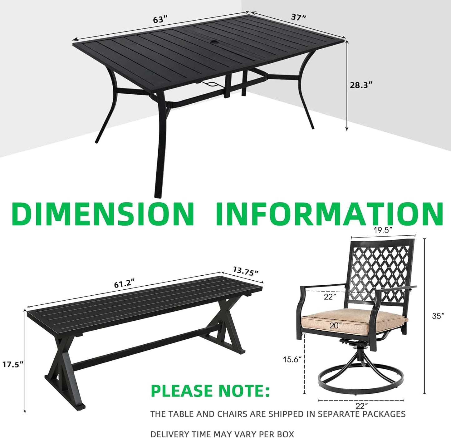 6-Piece Outdoor Dining Set, 4 Swivel Chairs with Cushions & 61.2" Outdoor Bench & 63" Rect Table (1.57" Umbrella Hole)