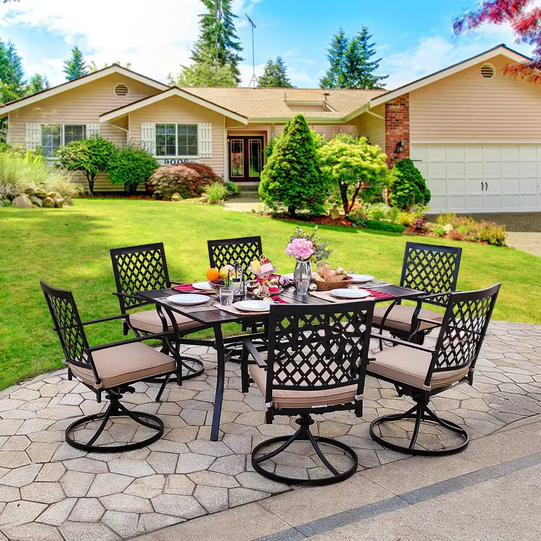 7-Piece Patio Dining Sets with Cushions, 6 Swivel Chairs & 63" Rect Table (1.57" Umbrella Hole)