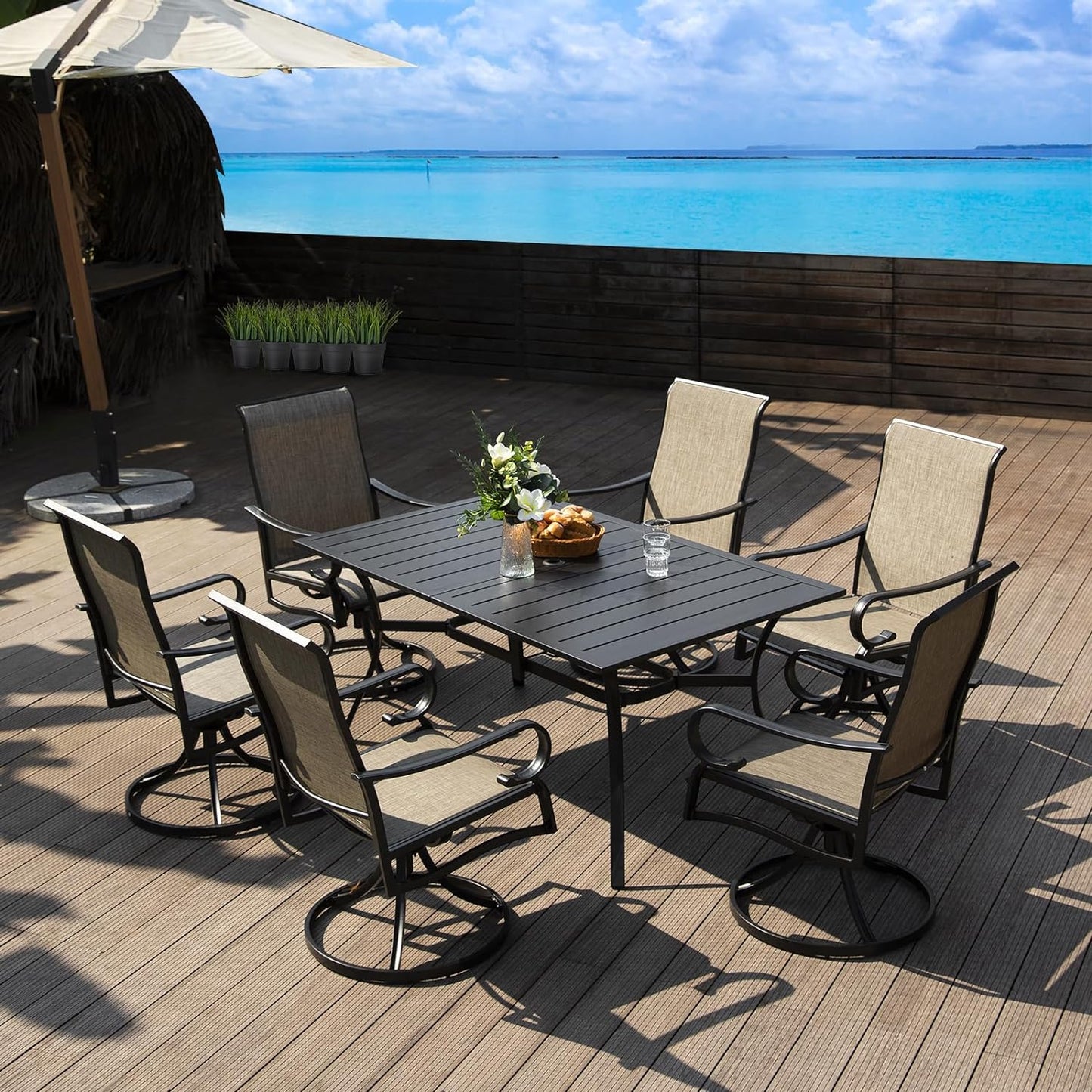 7-Piece Patio Dining Set with 6 Outdoor Swivel Chairs & 63" Rect Table (1.57" Umbrella Hole)