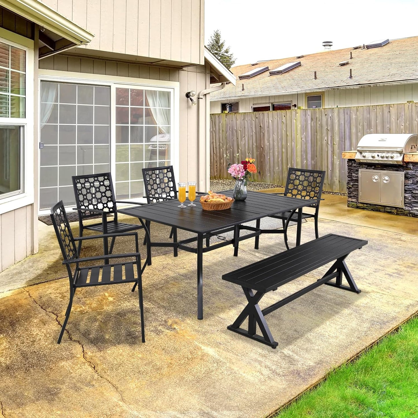 6-Piece Patio Dining Set with Bench, 4pcs Stackable Chairs & 61.2" Outdoor Bench & 63" Rect Table (1.57" Umbrella Hole)