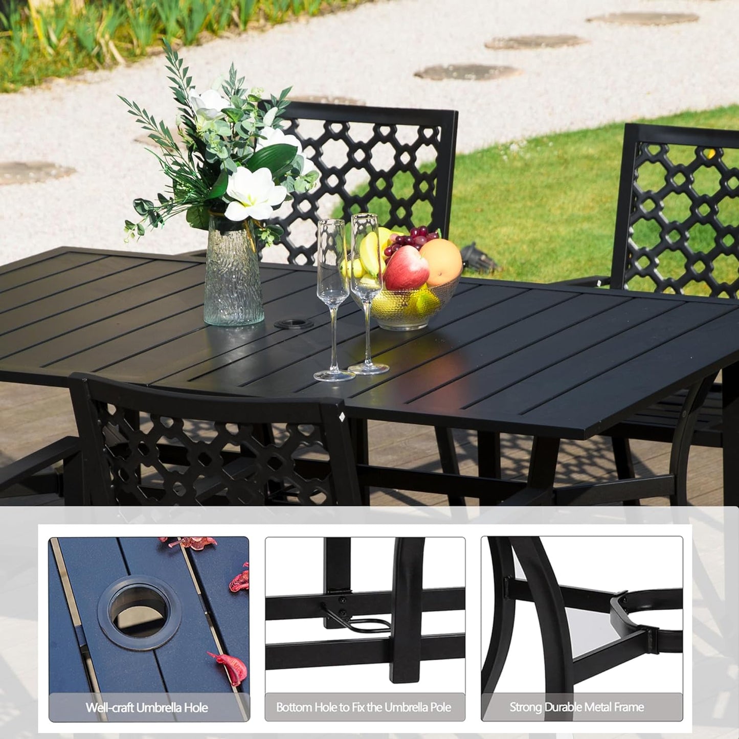 6-Piece Patio Dining Set with Bench, 4pcs Stackable Chairs & 61.2" Outdoor Bench & 63" Rect Table (1.57" Umbrella Hole)