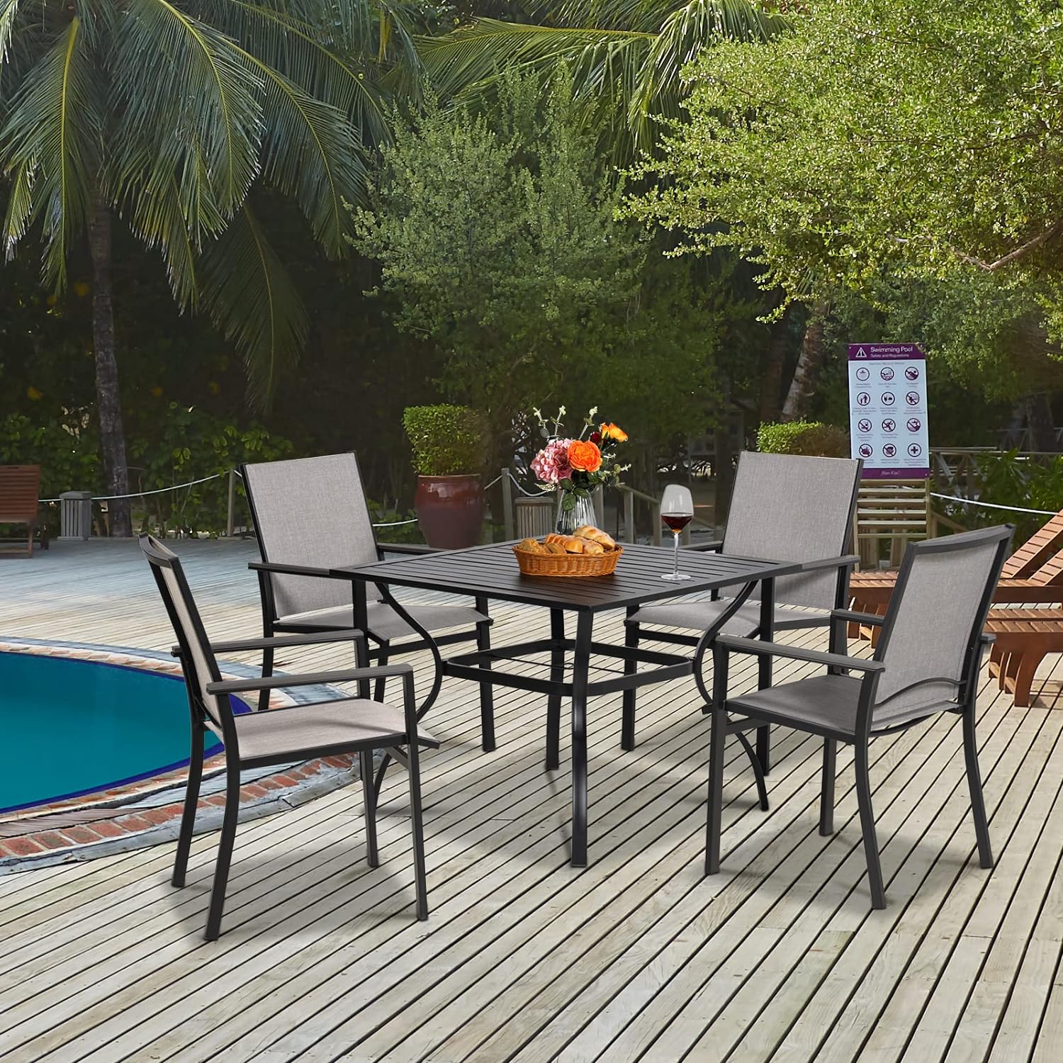 5-Piece Patio Dining Set, Outdoor Textilene Chairs Square