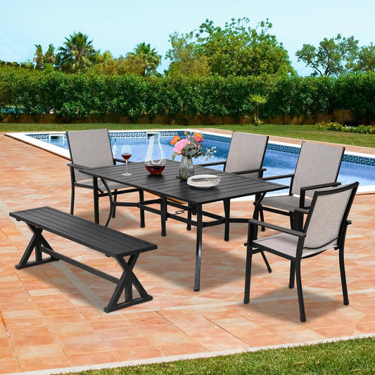 6-Piece Outdoor Dining Bench Set, 4 Patio Chairs & 61.2" Metal Bench & 63" Rect Table with (1.57" Umbrella Hole)