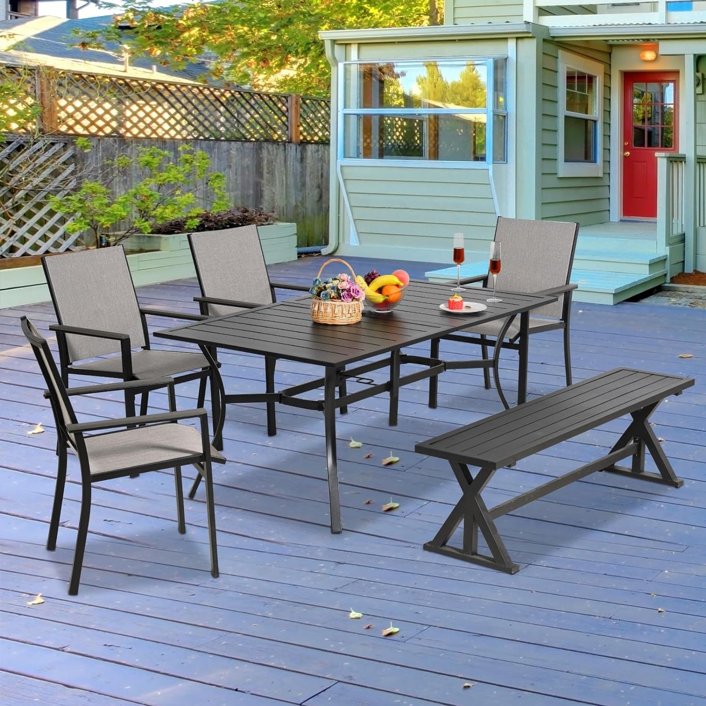 6-Piece Outdoor Dining Bench Set, 4 Patio Chairs & 61.2" Metal Bench & 63" Rect Table with (1.57" Umbrella Hole)