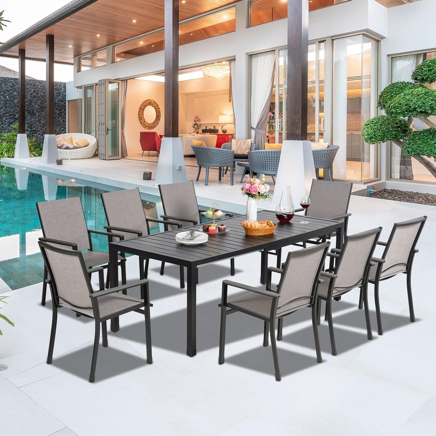 9 Pieces Patio Dining Set for 8, Extendable 78.8" Rectangle Dining Table and 8 Textilene Chairs