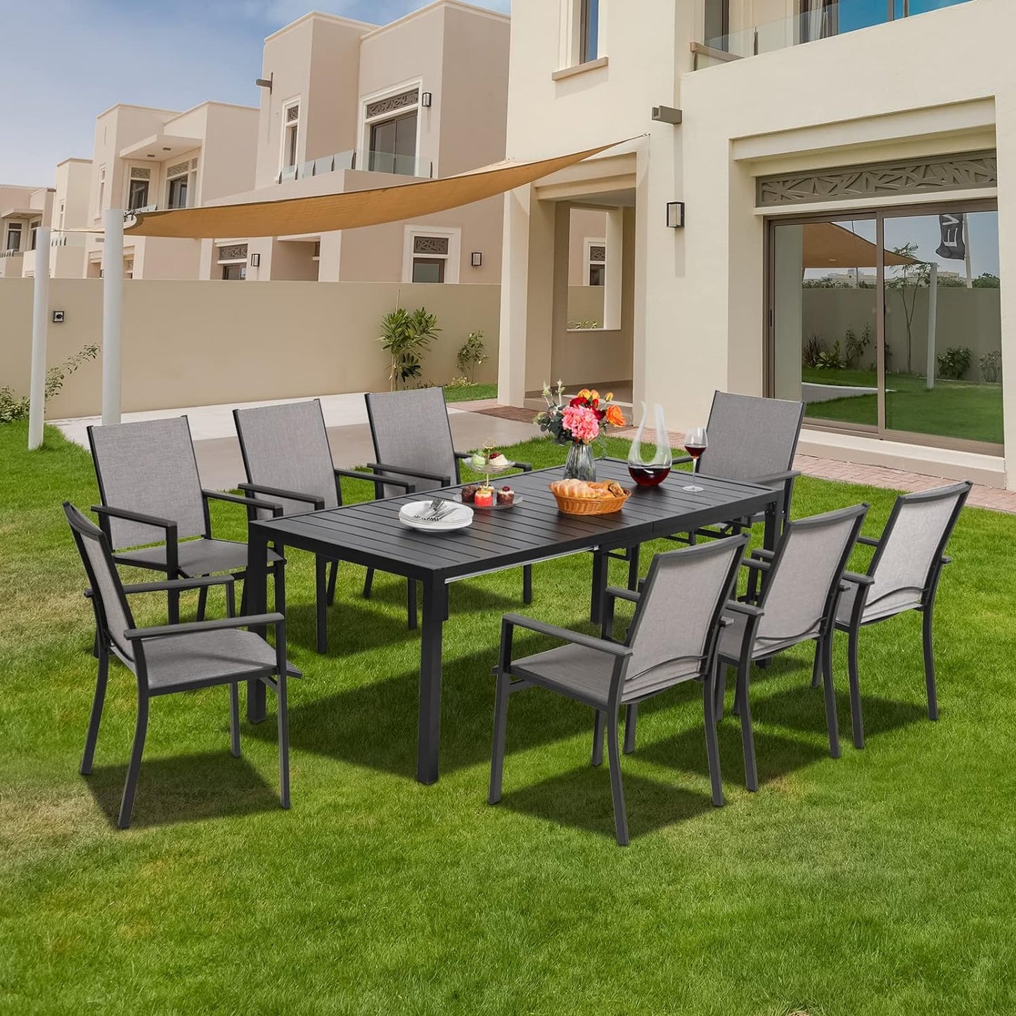 9 Pieces Patio Dining Set for 8, Extendable 78.8" Rectangle Dining Table and 8 Textilene Chairs