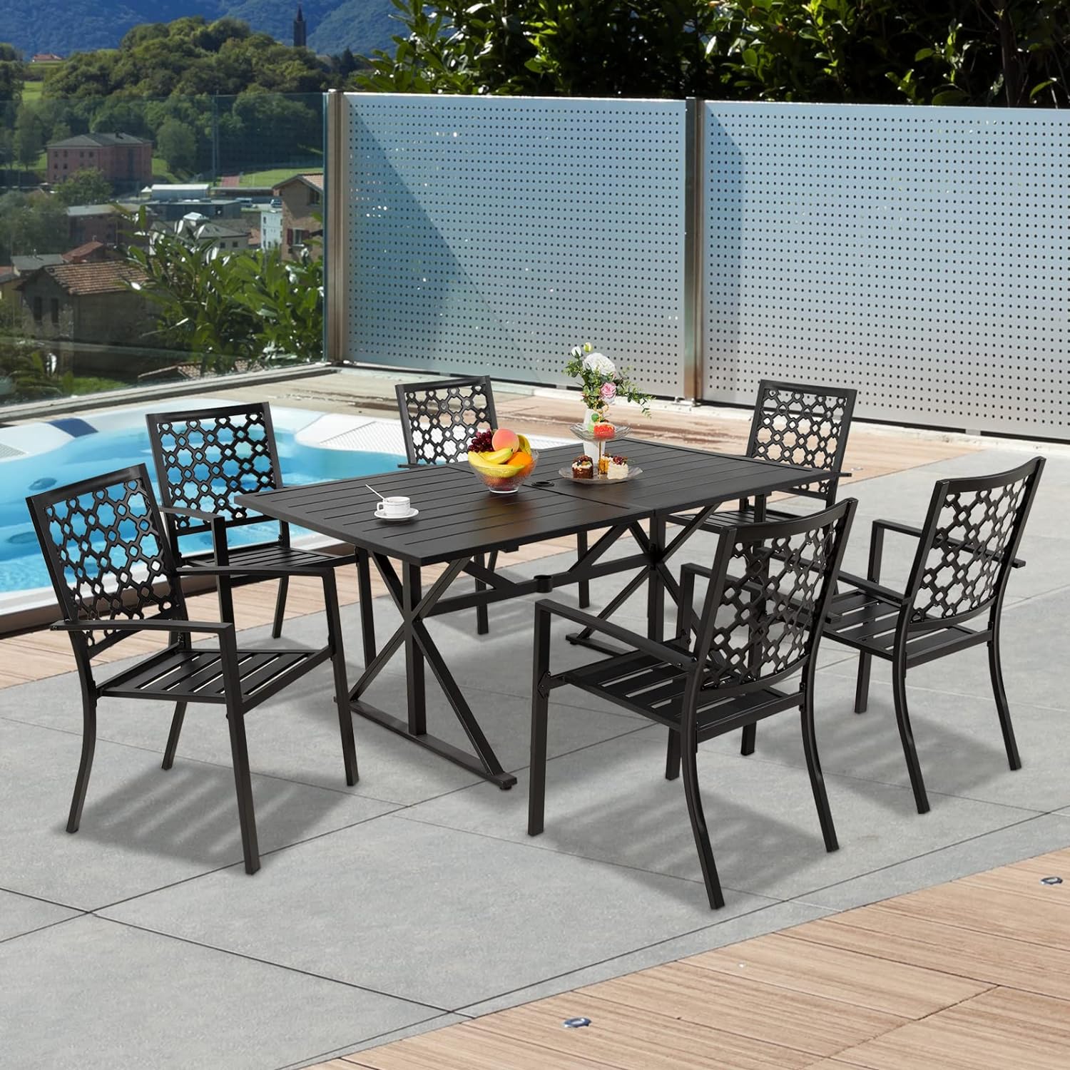 Patio Furniture Set of Rectangle Metal Table and Stackable Chairs
