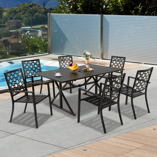7-Piece Patio Dining Set, 6  Stackable Chairs & 63” Rect Table (1.6"-2" Umbrella Hole)