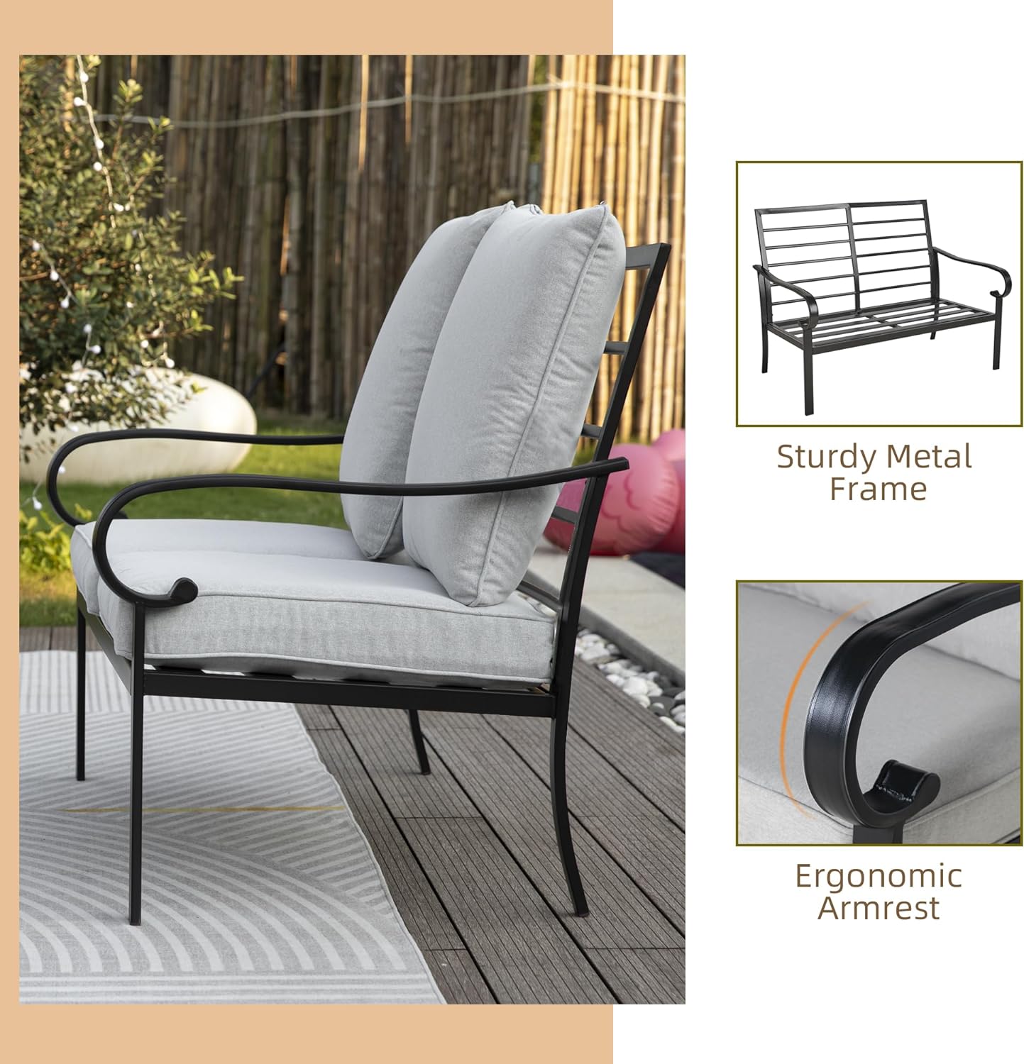 2-Piece Patio Conversation Set with Cushions, Loveseat Bench with Coffee Table