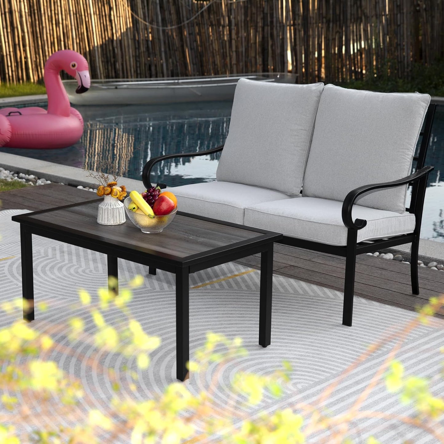 2-Piece Patio Conversation Set with Cushions, Loveseat Bench with Coffee Table