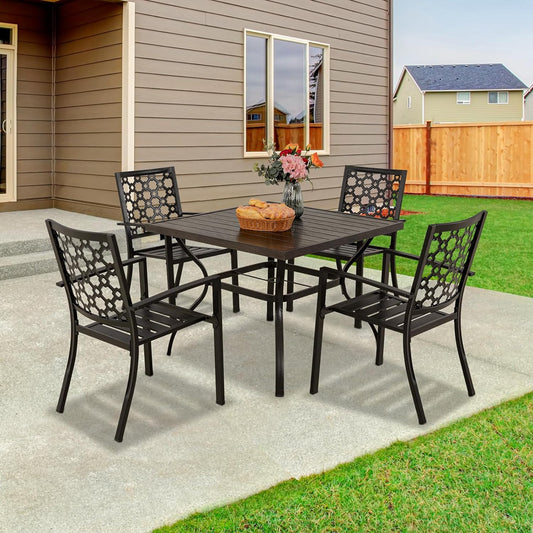5-Piece Patio Dining Set, 4 Outdoor Stackable Chairs & Wood-Like Grain Metal Table with 1.57" Umbrella Hole