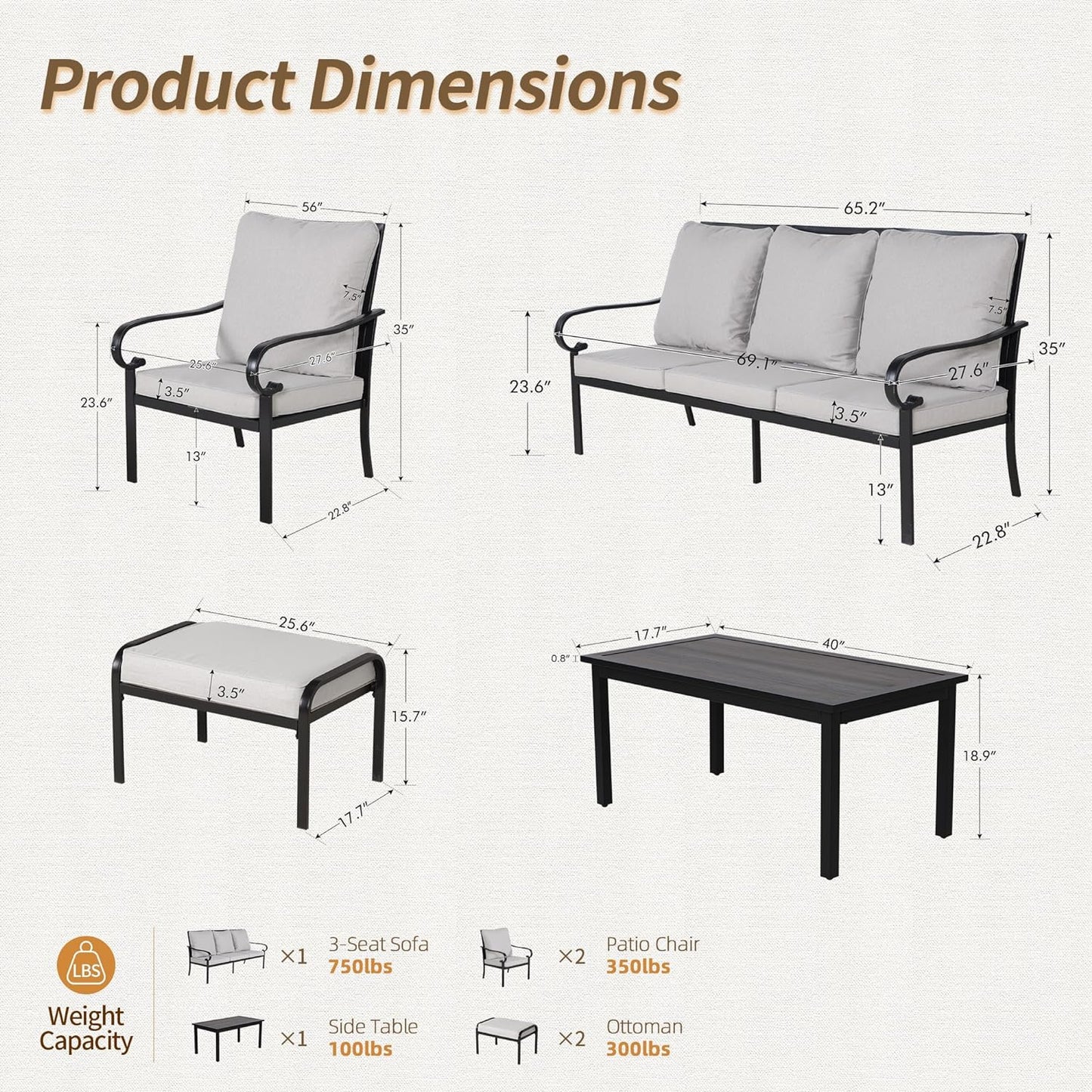 6-Piece Patio Conversation Set with Cushions for 5-7 Persons