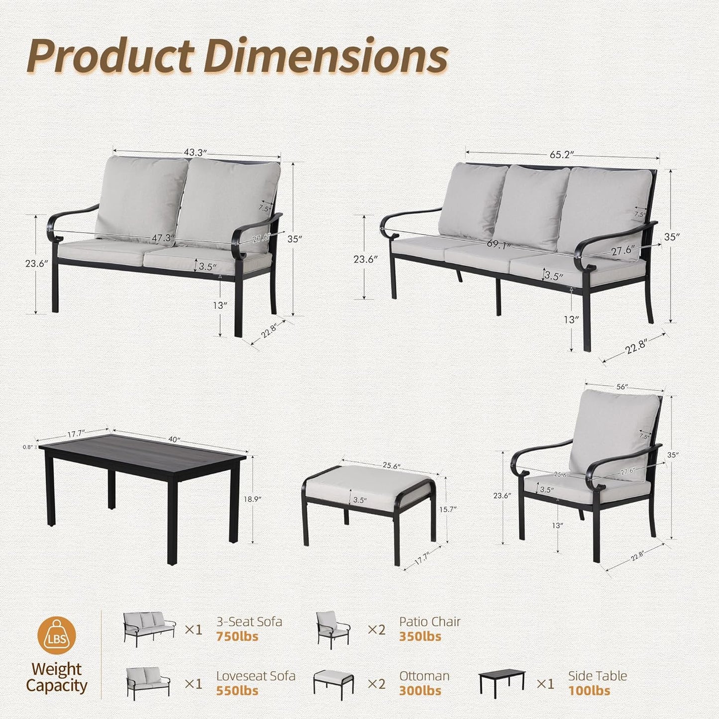 7PCs Patio Conversation Set with Cushions for 7-9 Persons