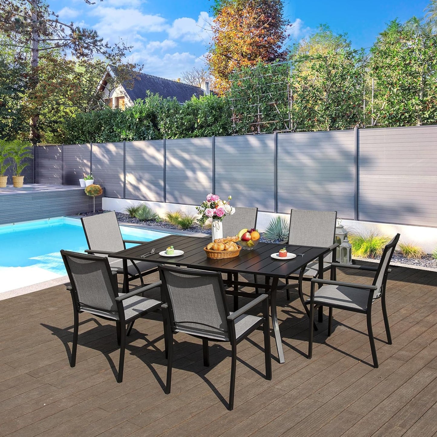 7-piece Patio Dining Set, 6 Outdoor Chairs & Square Metal Table (1.57" Umbrella Hole)