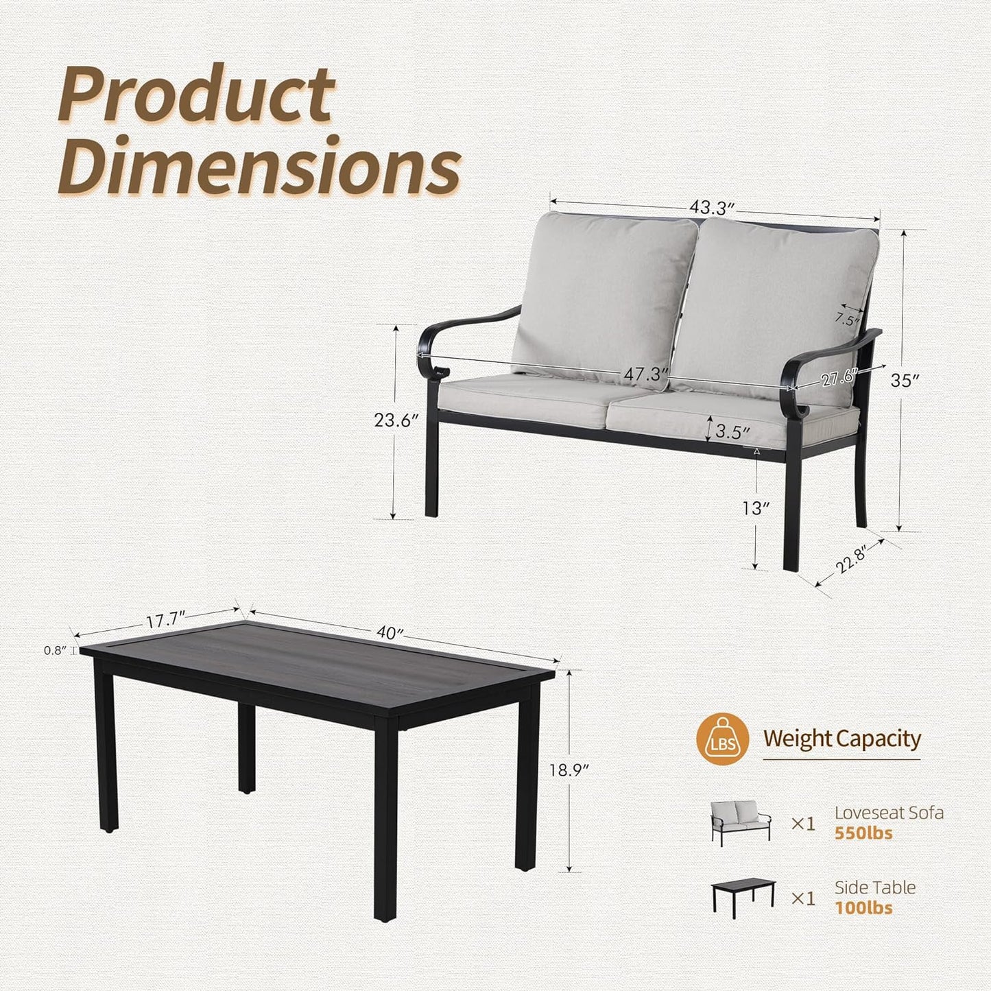 2-Piece Patio Conversation Set with Cushions, Loveseat Bench with Coffee Table