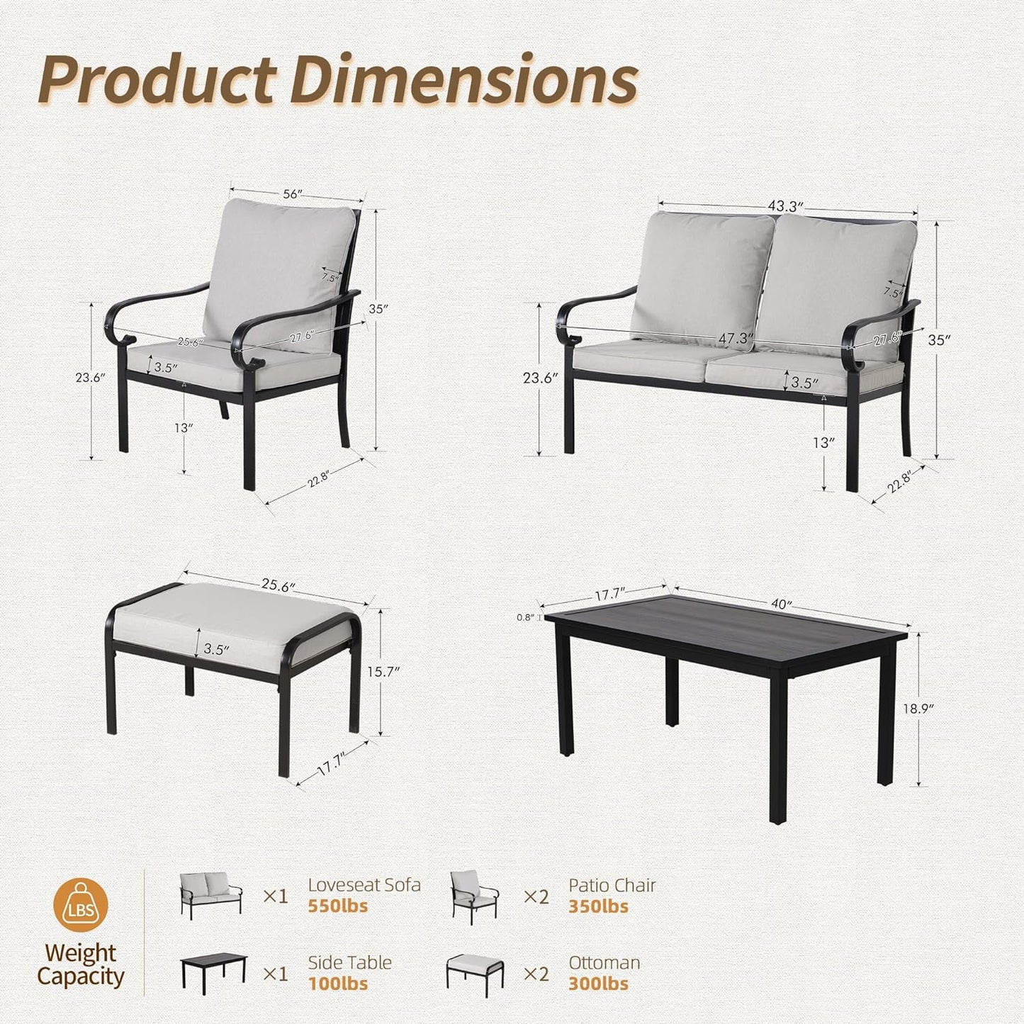 6-piece Patio Conversation Set with Cushions for 4-6 Persons