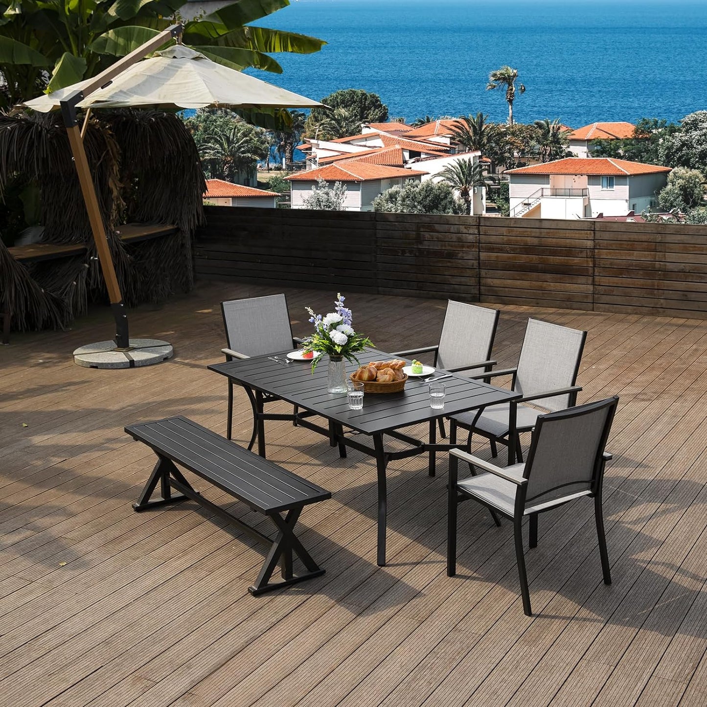 Outdoor Dining Bench, Patio 61.2" Black Metal Slatted Picnic Benches, X-Leg Dining Seating for 2-3 Persons