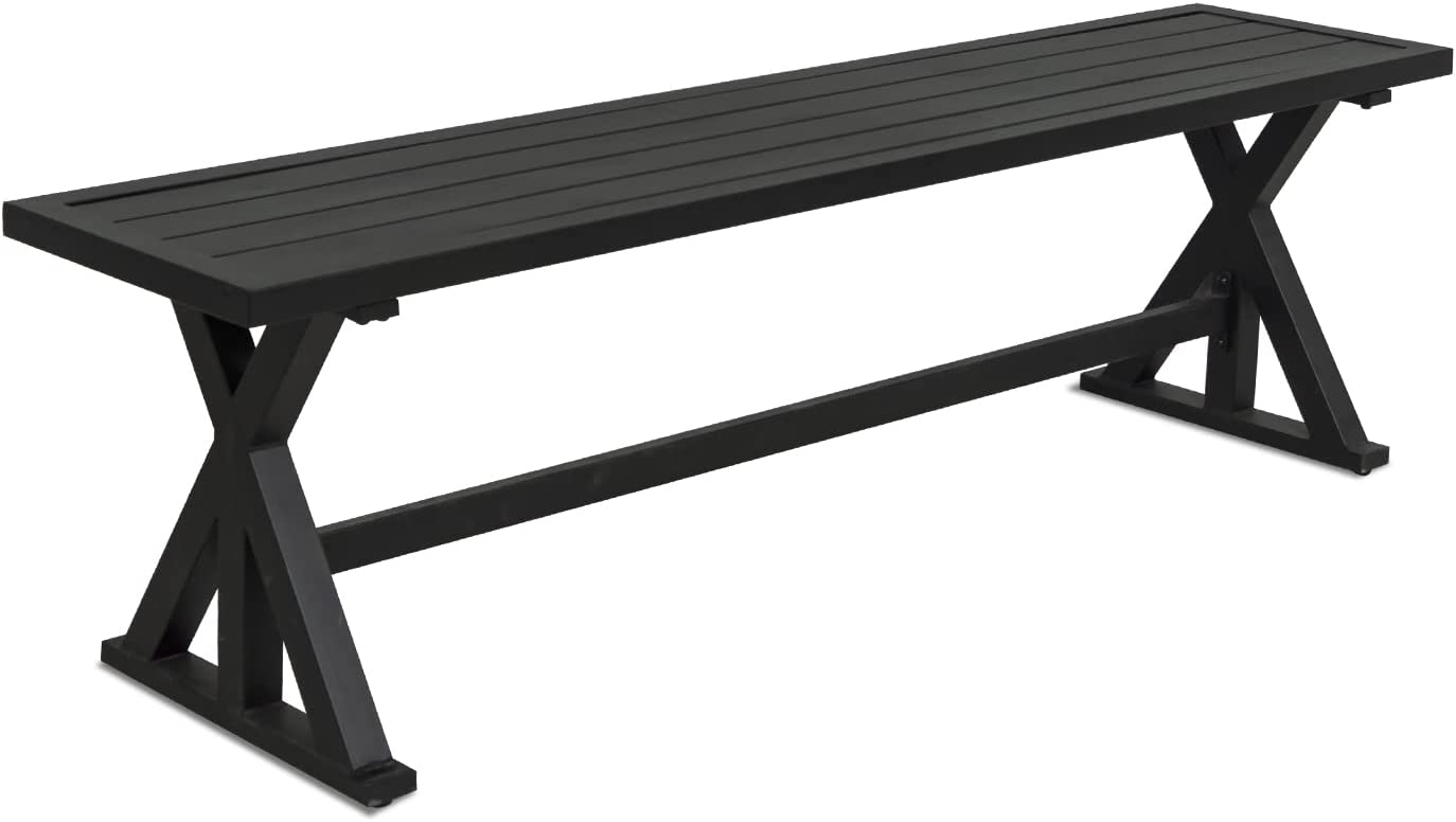 Outdoor Dining Bench, Patio 61.2" Black Metal Slatted Picnic Benches, X-Leg Dining Seating for 2-3 Persons