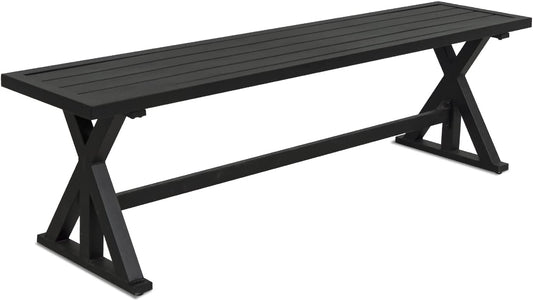 Outdoor Dining Bench, Patio 61.2" Black Metal Slatted Picnic Benches, X-Leg Dining Seating for 2-3 Persons